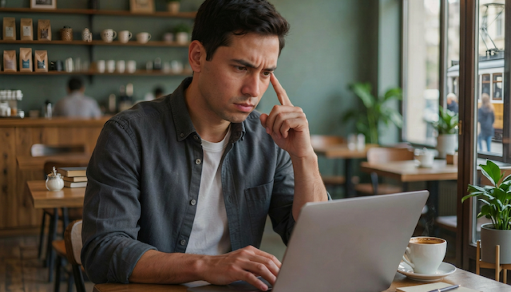 hispanic man with laptop in a coffee shop
