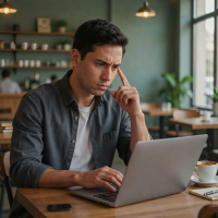hispanic man with laptop in a coffee shop