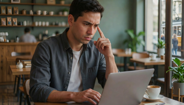 hispanic man with laptop in a coffee shop