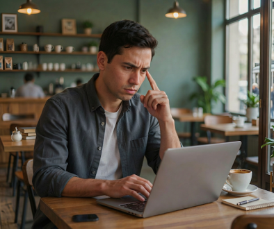 hispanic man with laptop in a coffee shop