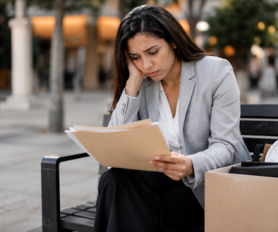 woman on park bench laid off from work